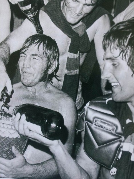 Manly skipper, Fred Jones celebrates the Sea Eagles' 1972 grand final win over the Roosters. Allan Thompson is behind him and Terry Randall on the right.
