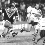 Kiwi Test hooker, Duane Mann in action for New Zealand Residents versus Australian Residents at Lang Park in 1994, watched by rival hooker, Shane Christensen.