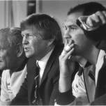 Frank Stanton as coach of the New South Wales State of Origin side in 1984. Legendary trainer, Alf Richards is on his right and prop, Peter Tunks on his left.